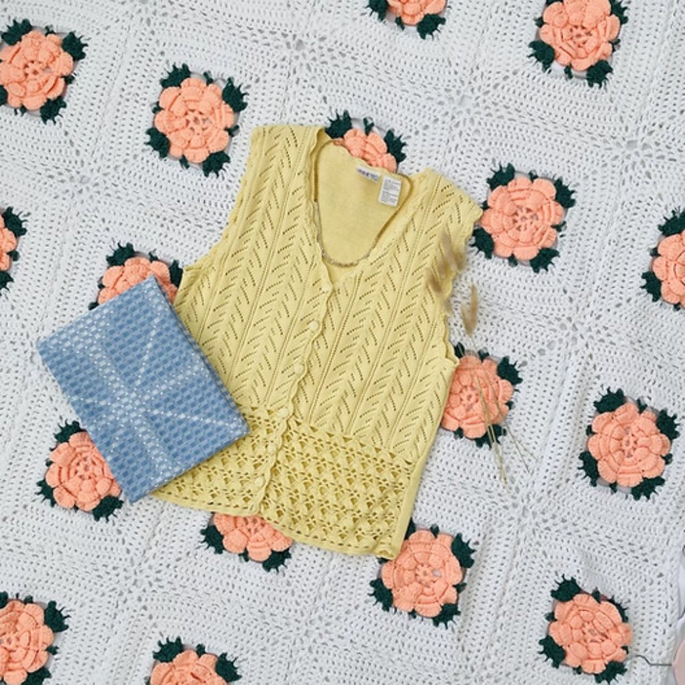 vintage crochet butter yellow knit sweater vest